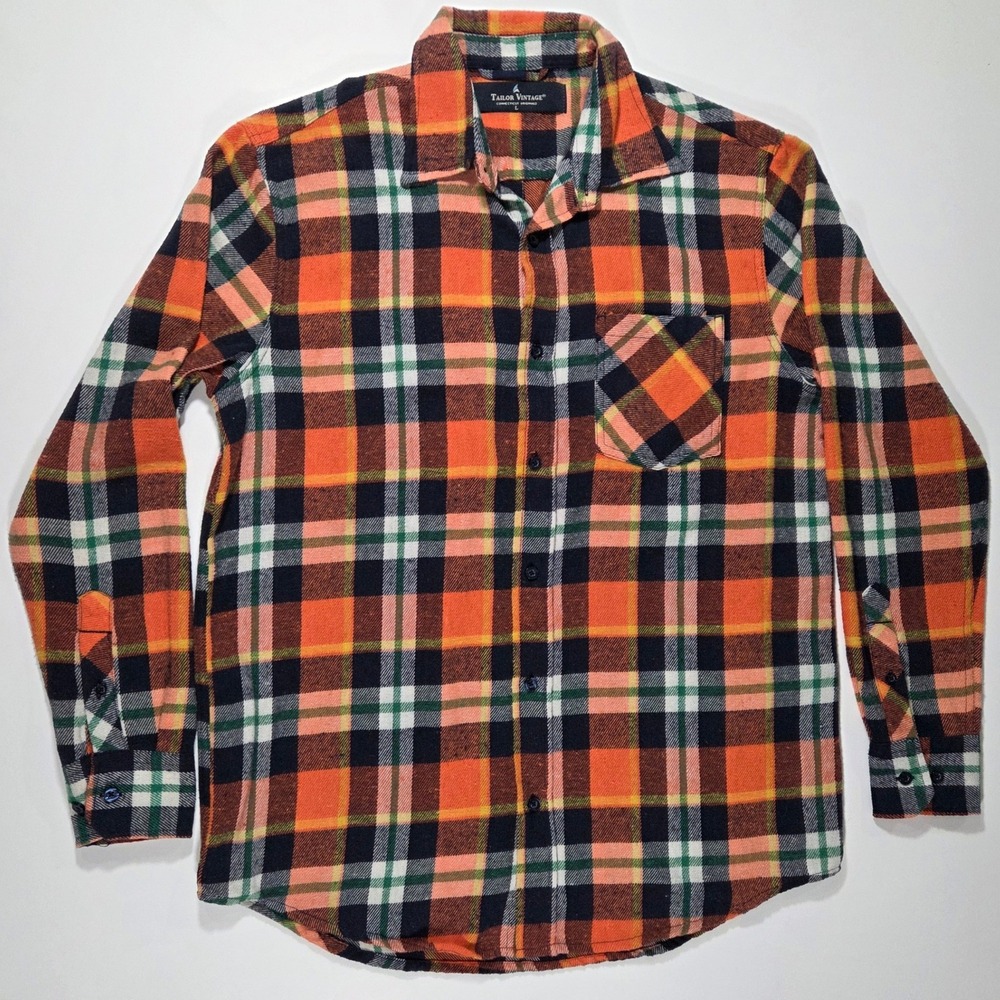 Tailor Vintage Mens Large Orange Navy Plaid Flannel Long Sleeve ButtonDown Shirt